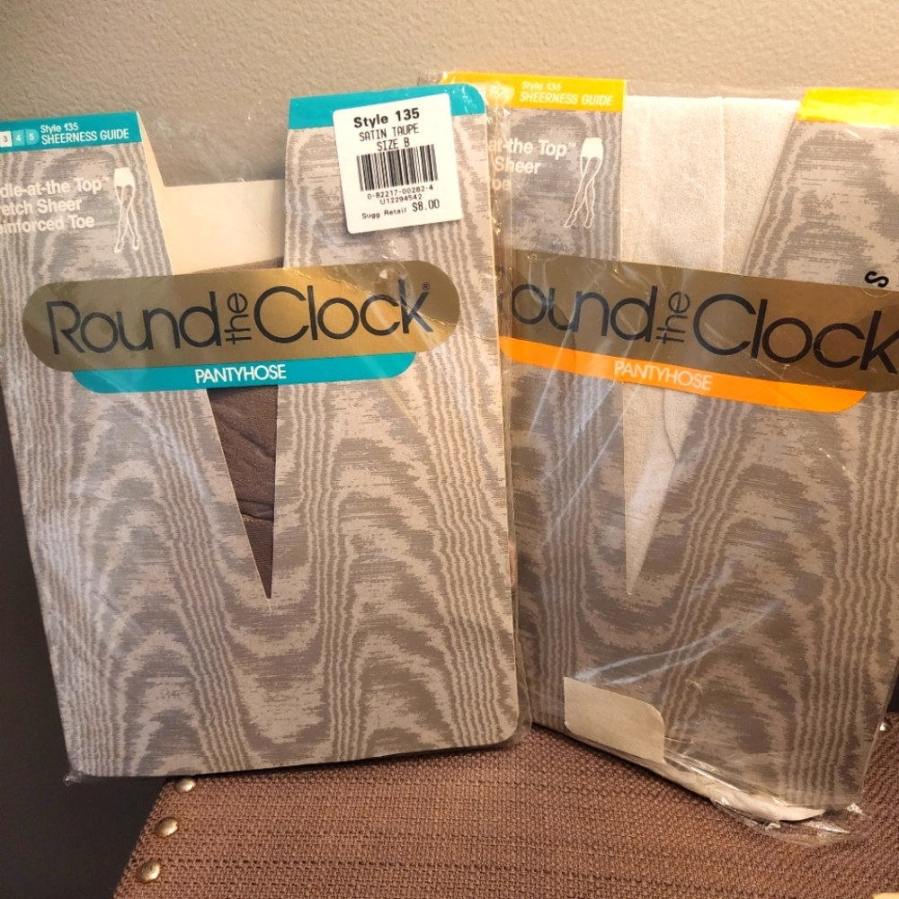 2 Pairs Round The Clock Vintage NEW Pantyhose Size B Girdle Sheer Taupe And Ice